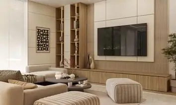Sala con TV empotrado en Selvaro, diseño interior por PIVOT Constructores, constructora en Quito